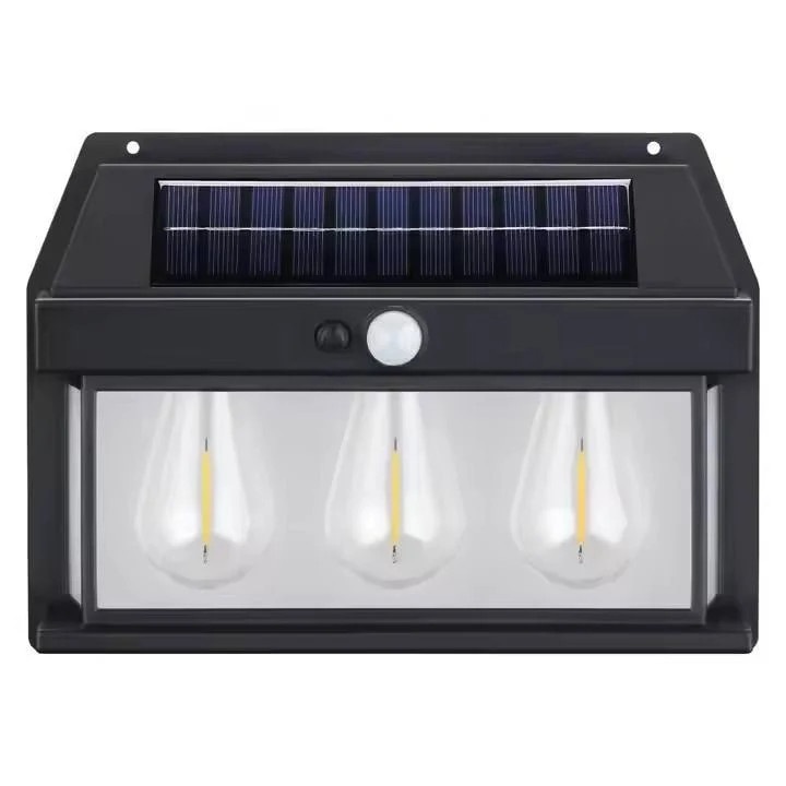 Lampa solara tip felinar 3W Smartix cu 3 Becuri, Acumulator 1800mAh, Senzor 5-8M, Pentru exterior, Suport inclus, Panou solar inclinat, 600 Lumeni, Negru