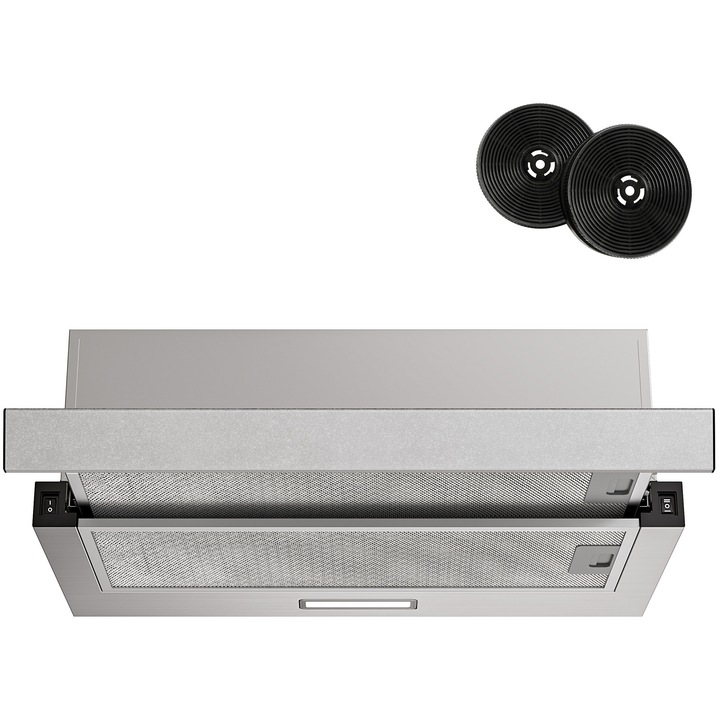 Вграден телескопичен абсорбатор FIREGAS 60 см, безчетков мотор, 2 скорости, LED осветление, 380 м³/ч, енергийна ефективност A++, компактен и безшумен дизайн, от неръждаема стомана