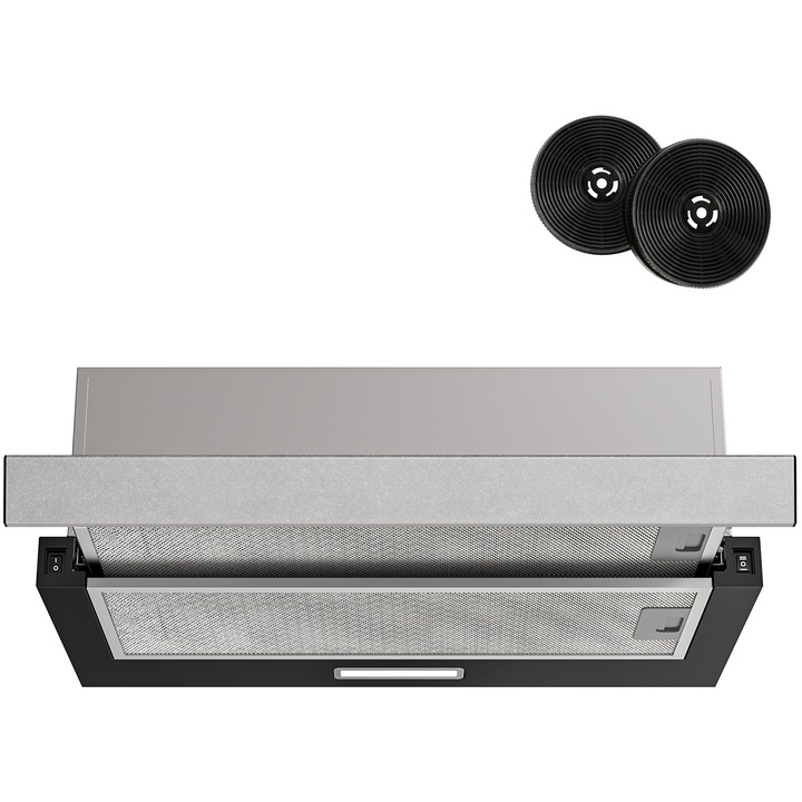 Hota telescopica incorporabila FIREGAS 60 cm, motor fara perii, 380 m³/h, 2 trepte de viteza, silentioasa, eficienta energetica A++, iluminare LED, montaj sub dulap, culoare neagra