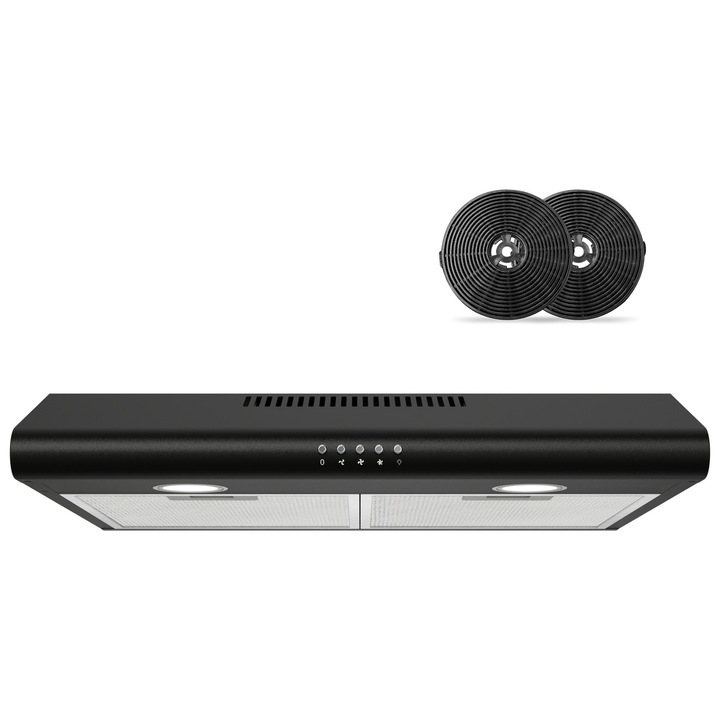 Традиционен абсорбатор FIREGAS 60 см, безчетков мотор, енергиен клас А, отвеждане и рециркулация, 3 скорости, 220 м³/ч, 2 LED светлини, оборудван с филтър с активен въглен, черен