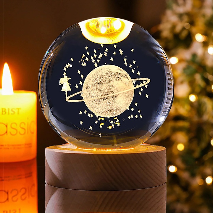 Glob din cristal 3D ZYBLSSBB LSM2xh7731-BCS0227428-3, cristal K9 gravat, baza LED din lemn cu USB, transparent, O 6 cm