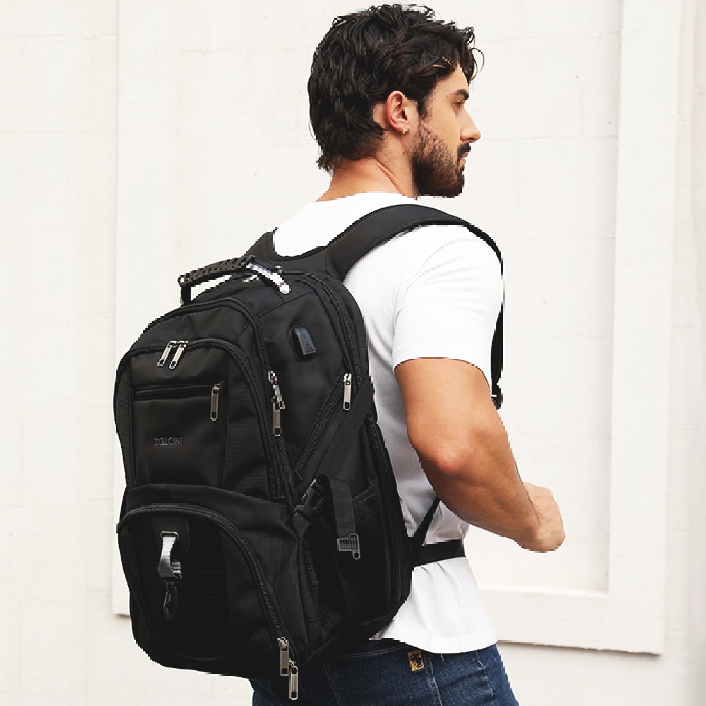 Rucsac laptop, Dollcini, unisex, impermeabil, geantă de lucru pentru afaceri cu port de încărcare USB, se potrivește pentru computer de 17", 546941, negru/albastru