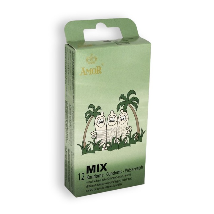 Amor MIX óvszerkészlet, 12 darabos készlet, 3 texturált típus, síkosított, természetes színű