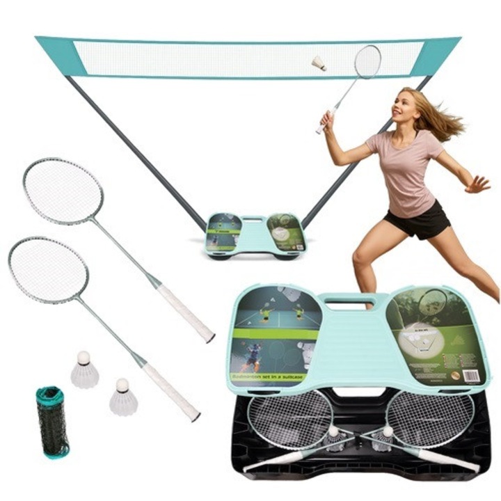 Set complet badminton KESNUP, compus din 2 palete, 2 fluturasi, un fileu, 2 suporturi de sustinere, dimensiune fileu: lungime (L) 285 cm x inaltime (h) 155 cm, pentru toate categoriile de varsta, cutie de depozitare si protectie, Bleu / Alb/ Negru