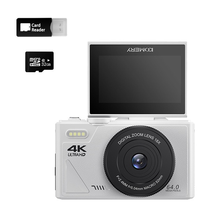 Kompakt digitális fényképezőgép, 180°-ban megfordítható képernyő, 32 GB-os memóriakártya, 18x zoom, 64 MP, 4K, beépített vaku, autofókusz, több szűrő, diákkamera, fehér