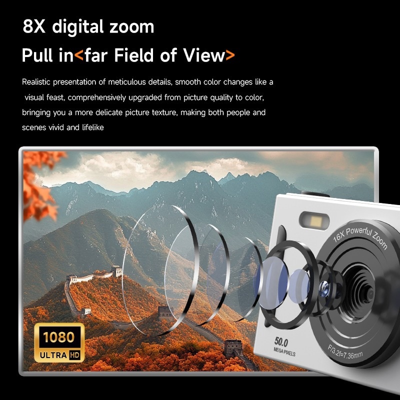 Aparat foto digital compact cu card de memorie de 32G, zoom 8x, doua ...