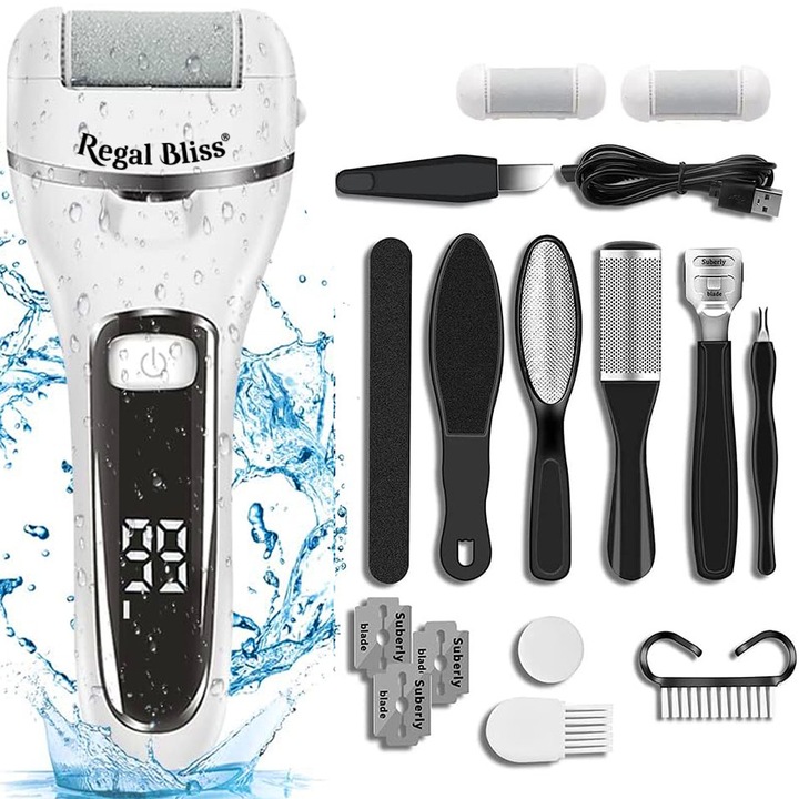 Pila electrica pentru picioare Regal Bliss ® cu indepartare eficienta a calusurilor, rezistent la apa, pentru calcaie crapate si piele uscata, ideal in pedichiura medicala, baterie durabila, ecran LCD, Incarcare USB, Set cu accesorii incluse, 2000rpm, Alb