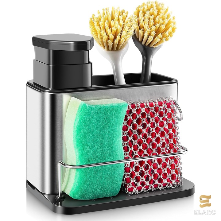 Suport Organizator Bucatarie ELARO BY-886 Din Inox SUS430, Cu Dispenser Lichid Detergent Picurator, Compartiment Pentru Ustensile si Picurator, Demontabil