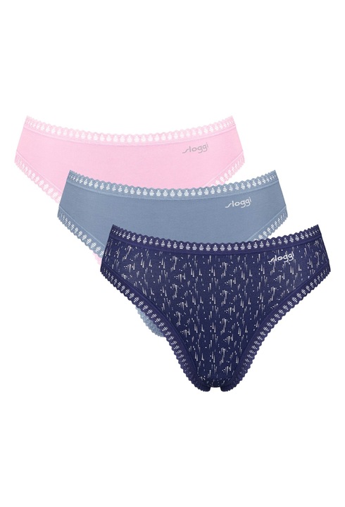 Sloggi, Set de chiloti uni si cu model - 3 perechi, Violet/Roz/Albastru