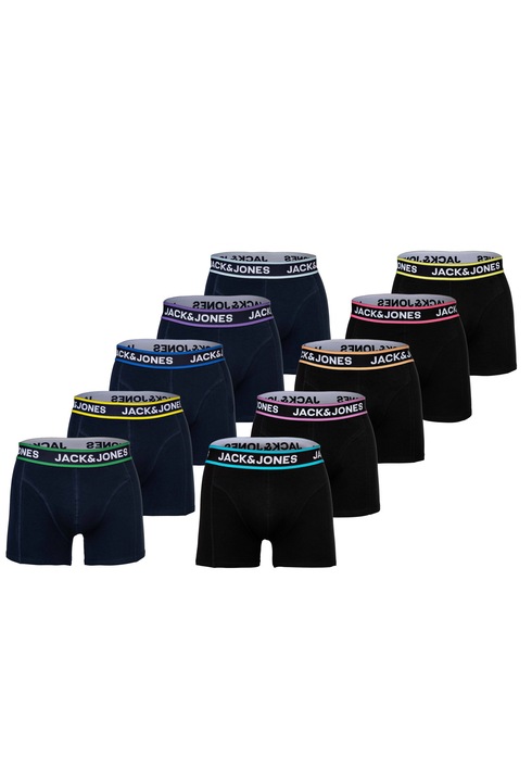 Jack & Jones, Set de boxeri cu banda logo in talie Jaclimes - 10 perechi, Negru/Albastru