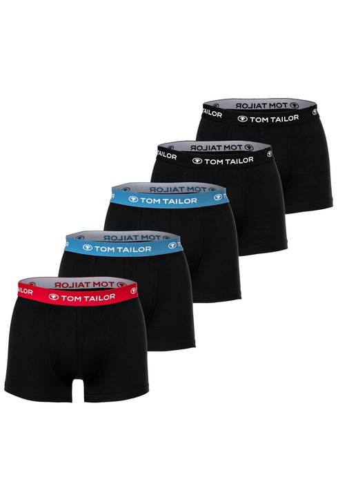 Tom Tailor, Set de boxeri cu logo in talie - 5 perechi, Rosu/Negru/Albastru