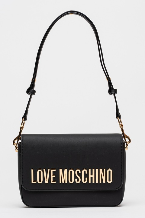 Love Moschino, Geanta de piele ecologica cu bareta de umar si logo metalic, Negru