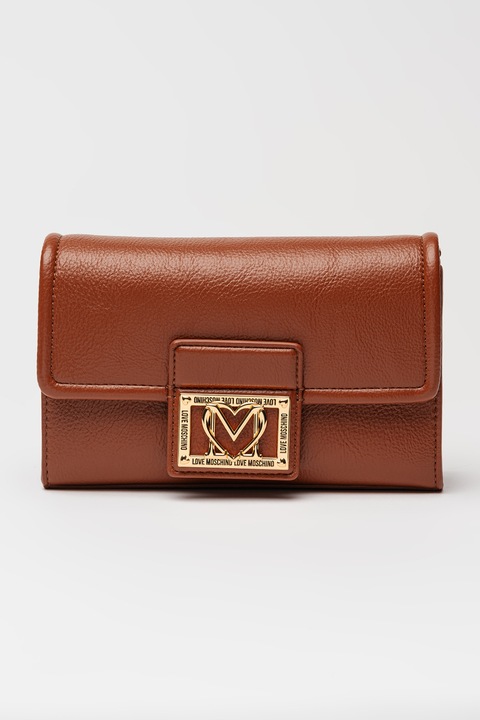 Love Moschino, Geanta crossbody din piele ecologica cu logo metalic, Maro cognac