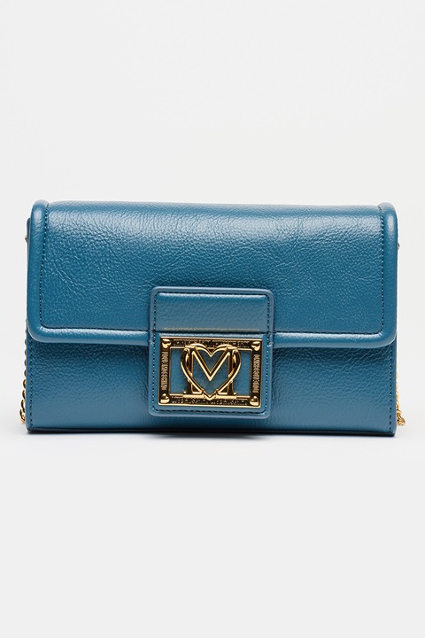 Love Moschino, Geanta crossbody din piele ecologica cu logo metalic, Albastru prafuit