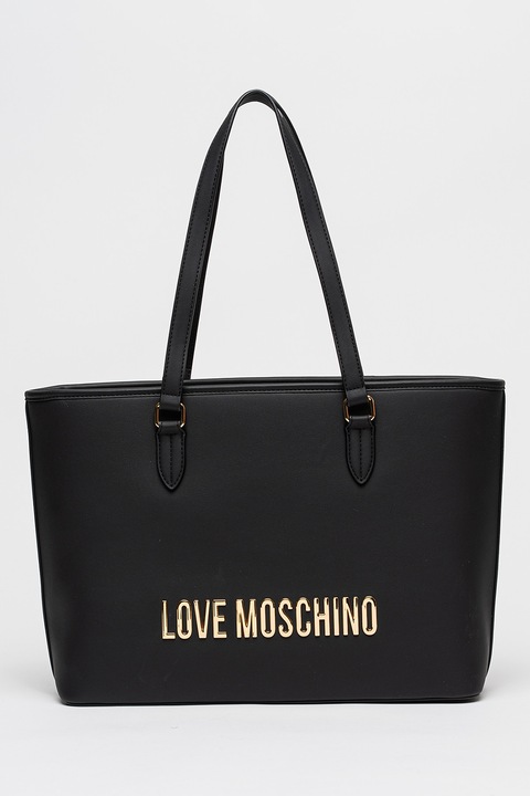Love Moschino, Geanta tote de piele ecologica cu logo metalic, Negru