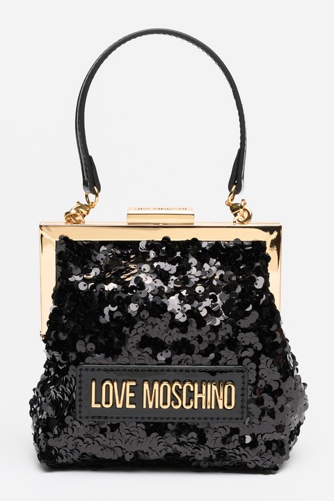 Love Moschino, Geanta cu maner, bareta din lant si logo, Negru