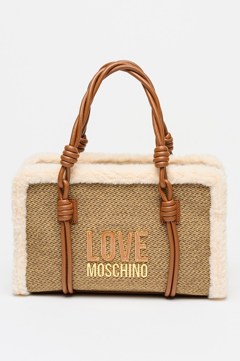 Love Moschino, Geanta cu bareta de umar si strat exterior pufos, Maro inchis, Maro deschis, Crem