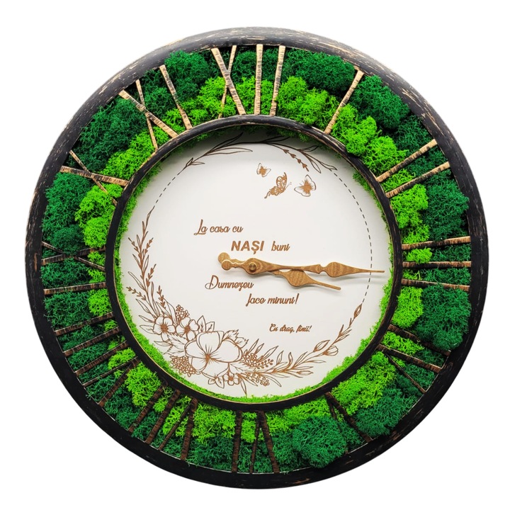 Ceas de perete decorat cu licheni naturali stabilizati, personalizat pentru nasi, 40cm, verde