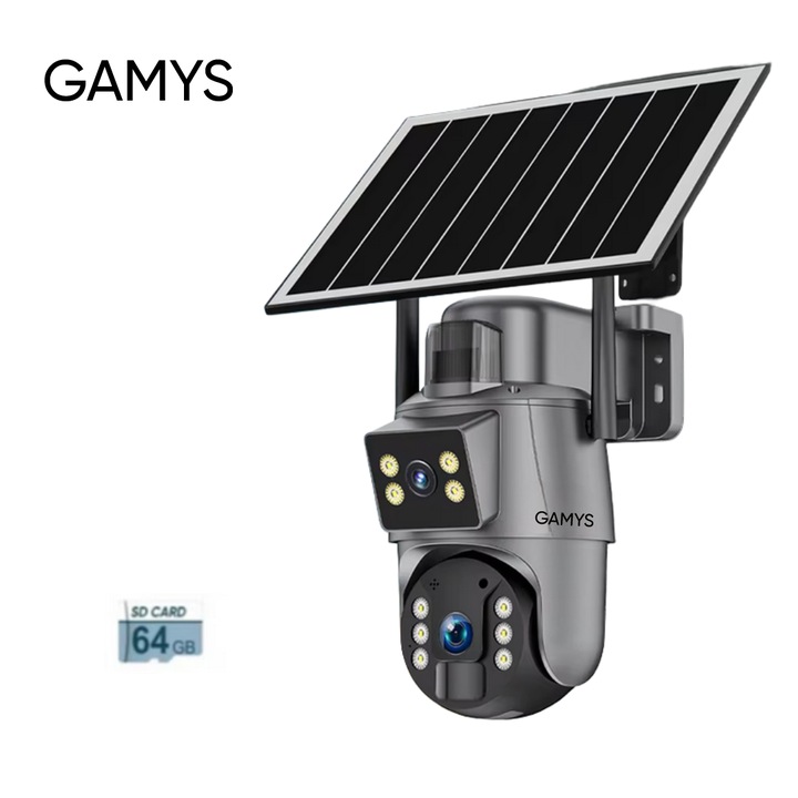 Camera Supraveghere cu incarcare Solara GAMYS®, 4G, 2K/4MP, PTZ 355°, Night Vision Color, AI Detectare Miscare, Baterie 10400mAh