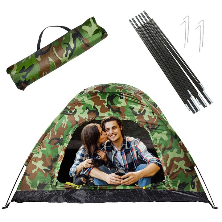 Cort camping pentru 2-3 persoane CLASStitude, cu plasa de tantari, spatios, rezistent la vant si apa, material impermeabil, dimensiuni 190 x 140 x 110 cm, cu husa de depozitare si protectie, Camuflaj