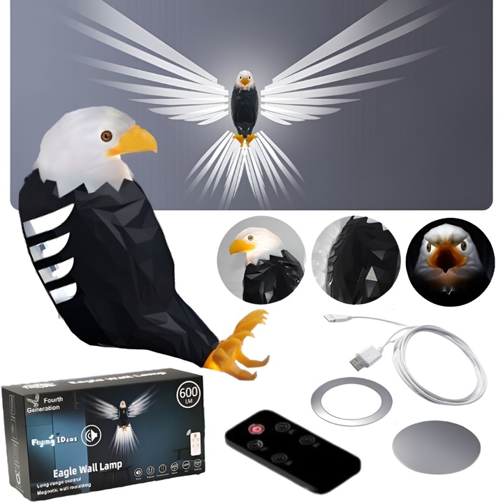 Butoarka, American Eagle 3D fali lámpa, modern dizájn, prémium anyagok, távirányítóval, USB-C töltéssel és mágneses fali tartóval, kábel- és lyukmentes, minőségi ABS, puha szilikon, fekete