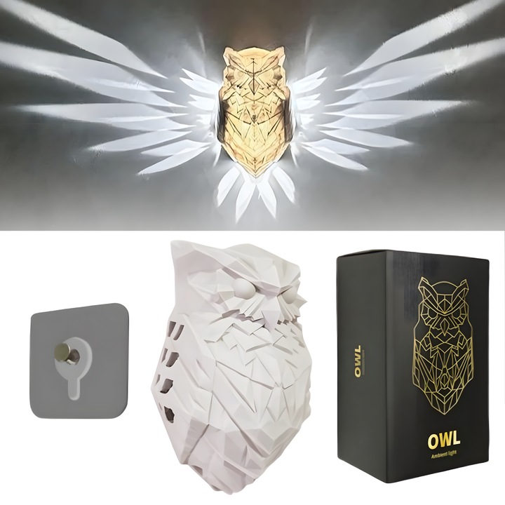 Lampa de Perete 3D Bufnita Butoarka®, Design modern, Materiale Premium, Functioneaza pe 2 Baterii AA, Prindere pe Perete, Usor de instalat, Fara Cabluri sau Gauri, ABS de Calitate, Alb