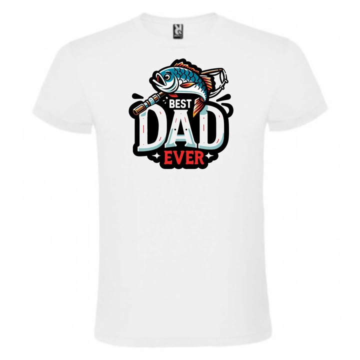 Tricou personalizat pentru pescari, "best dad ever", alb, marime XL, CRD PRINT