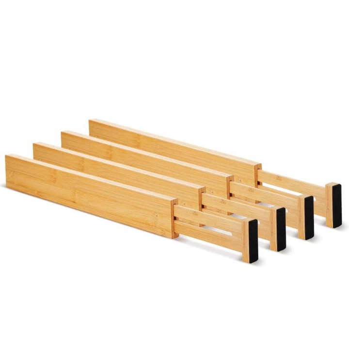 Комплект от 4 бамбукови разделители за чекмеджета VarioShop®, регулируеми, екологични и издръжливи органайзери, подходящи за кухня, офис, баня или дрешник, пружинен механизъм, монтаж без инструменти, 56 x 6 x 1,5 см, кремави