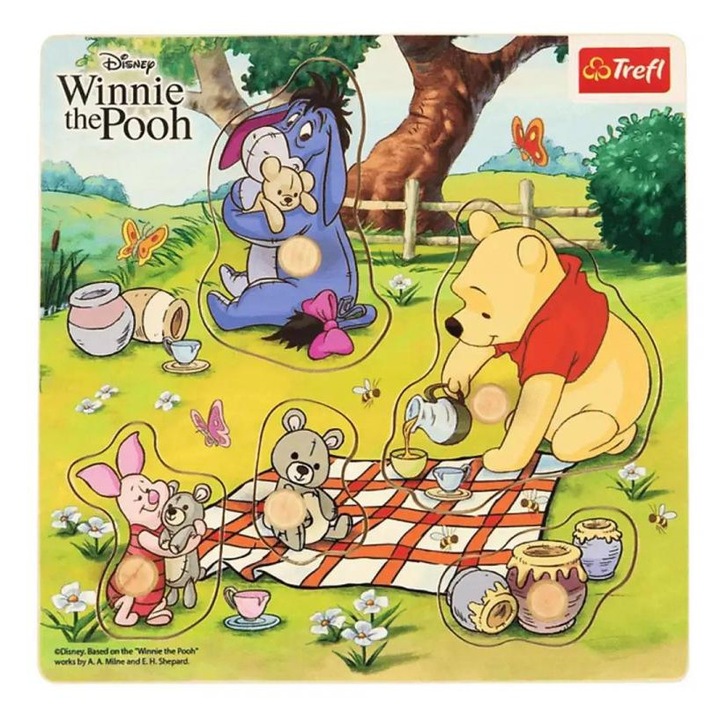 Trefl 1618525 Micimackó és barátai piknikeznek fa formaillesztő puzzle - Trefl