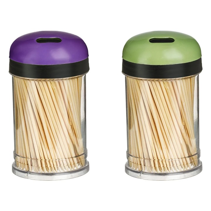 Bambusz fogpiszkáló tartó készlet színes tetővel - 2x250 db