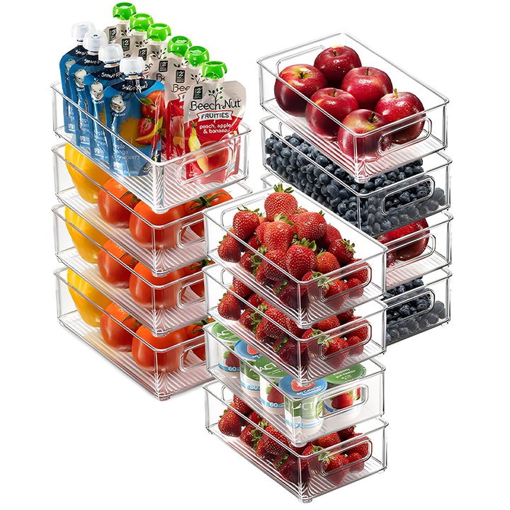 12 darabos Macvi® hűtőszekrény-rendező készlet, tartós ABS, BPA-mentes, egymásra rakható, beépített fogantyúkkal, 26×15 cm, átlátszó