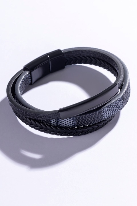 Marc Malone, Fonott műbőr karkötő, Fekete, Fekete/Tengerészkék, 21 CM