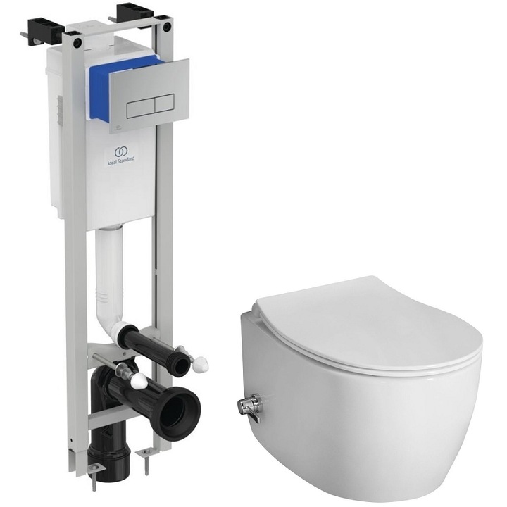 Set 2 in 1 Toaleta cu bideu Isvea Sentimenti Neo VORTEX, Ideal Standard, capacitate 9 L, capac soft and slim, clapeta crom lucios