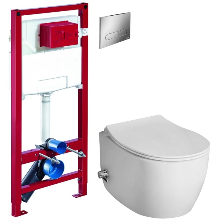 Set 2 in 1 Toaleta cu bideu Isvea Sentimenti Neo VORTEX, Schell, capacitate 9 L, capac soft and slim, clapeta crom lucios