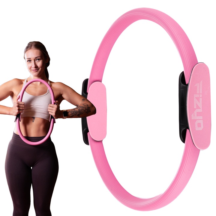 Cerc Pilates Fizyo 38cm, Inel de Rezistenta pentru Pilates si Yoga, pentru Tonifiere si Exercitii Fitness, Roz