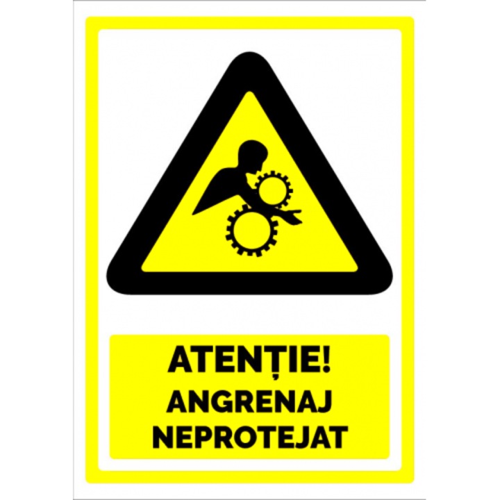 Indicator Semn atentie angrenaj neprotejat, Sticker autocolant, Cri-Flo, Dimensiune A3 42x30 cm