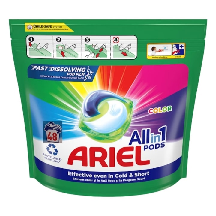 Ariel Capsule Color All-in-one kapszula, 48 darabos, Gyorsan oldódó, Hideg vízben is hatékony