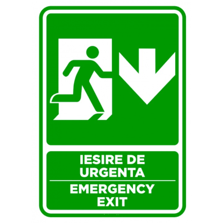 Indicator Semn de iesire cu directie in jos emergency exit, Sticker autocolant, Cri-Flo, Dimensiune A4 21x30 cm