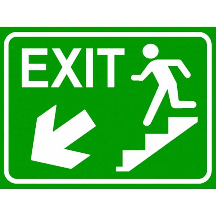 Indicator Semn exit pentru scari in stanga in jos, Sticker autocolant, Cri-Flo, Dimensiune A4 21x30 cm