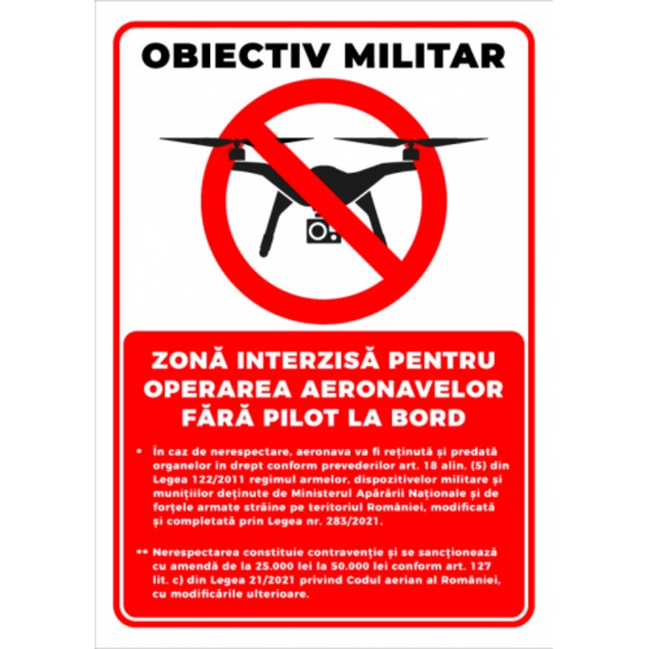 Indicator Semn obiectiv militar zone interzise pentru operarea aeronavelor fara pilot la bord, Sticker autocolant, Cri-Flo, Dimensiune A3 42x30 cm