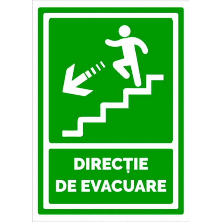Indicator Semn pentru directie de evacuare spre scari in stanga jos, Sticker autocolant, Cri-Flo, Dimensiune A4 21x30 cm