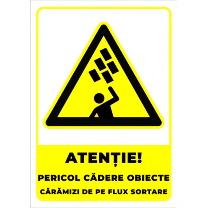 Indicator Semn pentru pericol de cadere obiecte caramizi de pe flux sortare, Sticker autocolant, Cri-Flo, Dimensiune A3 42x30 cm