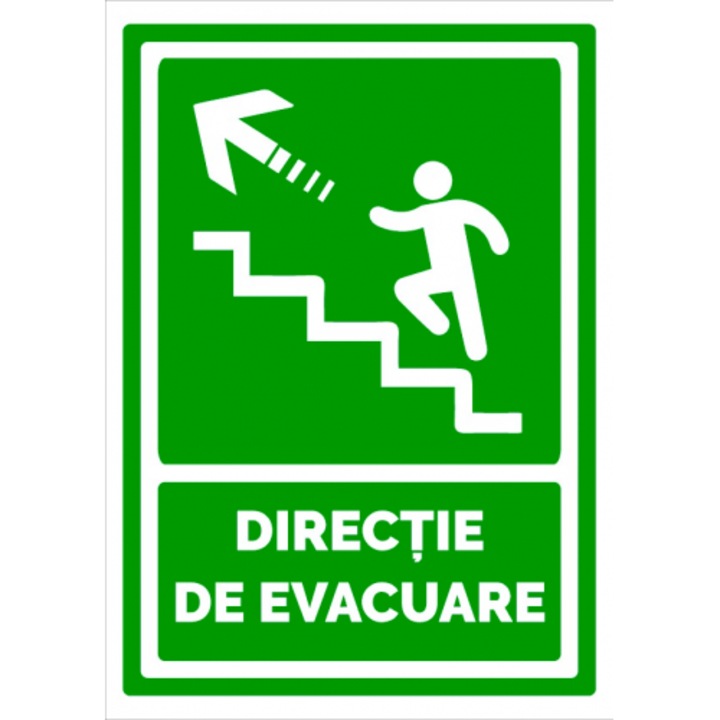 Indicator Semn pentru directie de evacuare spre scari in stanga sus, Sticker autocolant, Cri-Flo, Dimensiune A3 42x30 cm
