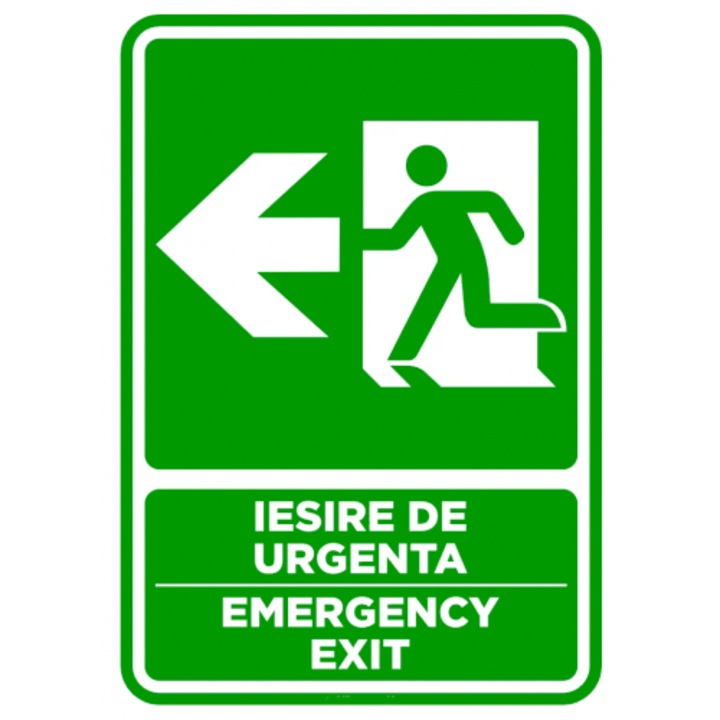 Indicator Semn pentru iesire cu directie in stanga emergency exit, Sticker autocolant, Cri-Flo, Dimensiune A5 21x15 cm