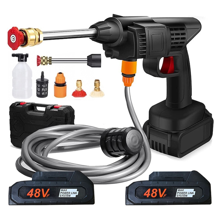 Aparat de Spalat cu Presiune, Fara Fir, Tip Pistol SUPER TRENDS®, Profesional, 2 Acumulatori 48VF, Autonomie 3 Ore, Pistol cu 3 Moduri, 30 Bari, Filtru si Duze Incluse, Recipient Spuma, Negru