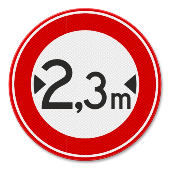 Indicator de circulatie accesul interzis vehiculelor cu latimea mai mare de 2.3 metri, Sticker autocolant, Cri-Flo, Dimensiune A5 21x15 cm