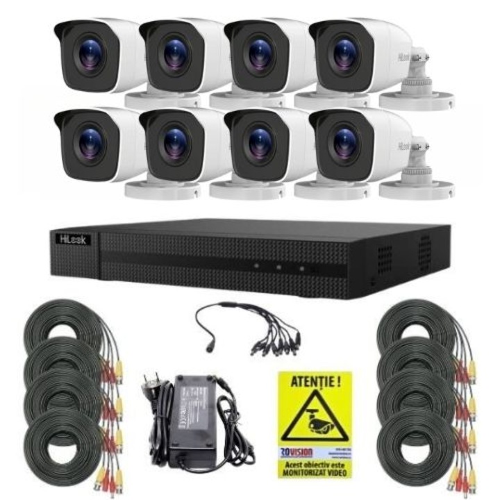 HiLook megfigyelőrendszer 8 db 2MP kamera IR 20 m, 8 csatornás 2MP DVR, szerelési tartozékok, Rovision matrica