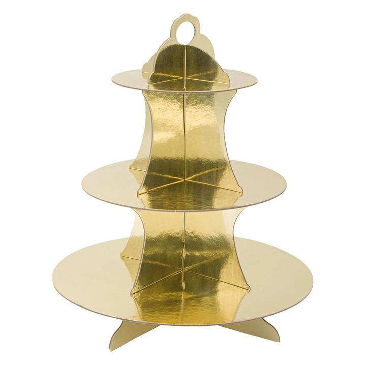 Suport etajat 3 niveluri CARODIS, din carton, design auriu, pentru prajituri si candy bar