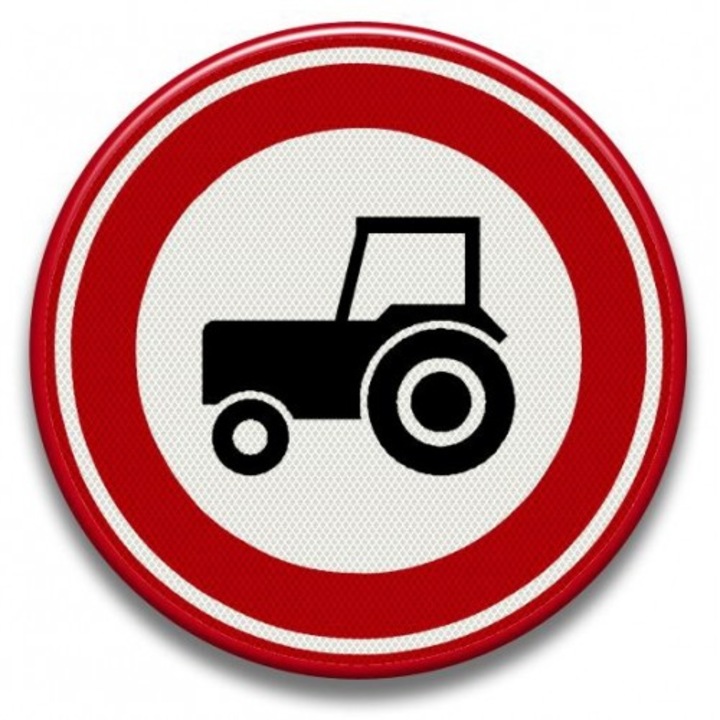 Indicator Accesul interzis tractoarelor si masinilor autopropulsate pentru lucrari, Sticker autocolant, Cri-Flo, Dimensiune A5 21x15 cm