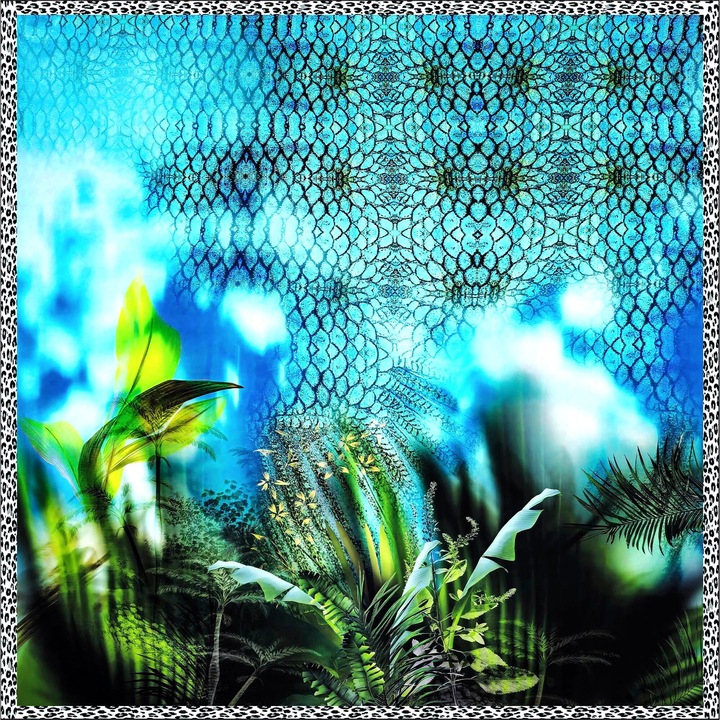 Matase naturala satinata cu elastan, imprimeu jungle abstract, panel 133x131 cm